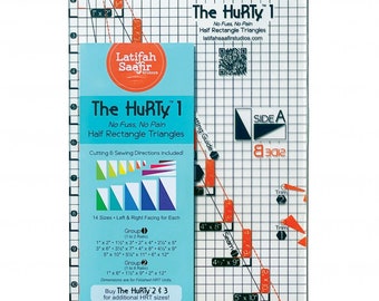 Plantilla de patchwork HuRTy 1 de Latifah Saafir para 14 triángulos de medio rectángulo: regulares y estrechos.