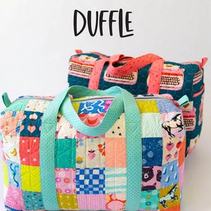 May include: Two patchwork duffle bags with the text "PATCHWORK DUFFLE". The front bag has a colorful patchwork design with light blue handles. The second bag has a teal background with a typewriter pattern and pink handles. The bags are from Knot + Thread Design.