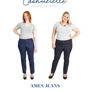 May include: A sewing pattern for Ames Jeans, designed for curves. The pattern is for sizes 12-28 and is an intermediate skill level. The pattern is for an Apple & Pear fit.