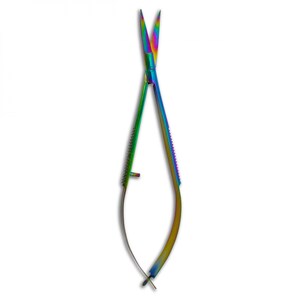 May include: Rainbow-colored, small, curved scissors with a pointed tip. The scissors are made of stainless steel and have a spring-loaded mechanism.