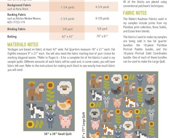 May include: A quilting pattern with instructions for making sampler quilts in two sizes. The pattern includes fabric requirements and diagrams for blocks featuring farm animals and sunflowers. The small quilt is 38" x 39", and the large quilt is 75" x 77".