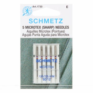 May include: A package of 5 Schmetz Microtex (Sharp) sewing needles in a clear plastic case. The needles are size 130/705 H-M, 80/12.