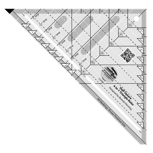 May include: A 4-in-1 triangle ruler for quilting, featuring markings for half-square triangles and strip piecing. The ruler is made of clear plastic and has a black and white design. It includes markings for 1", 1 1/2", 2", 2 1/2", 3", 3 1/2", 4", 4 1/2", 5", and 6" finished sizes.