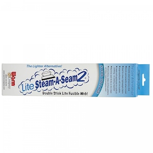 May include: A white package with blue and red accents featuring the text "Lite Steam-A-Seam2" and "The Lighter Alternative!"  Double Stick Lite Fusible Web! #1 for Collage.  US Patent No. 5,716,687.