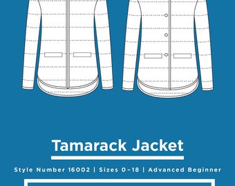 May include: Line drawing of a quilted jacket pattern called the Tamarack Jacket. The pattern is for sizes 0-18 and is an advanced beginner sewing project. The text "Style Number 16002 | Sizes 0-18 | Advanced Beginner" is at the bottom of the image.