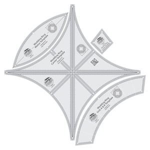 May include: A set of four quilting templates for creating a wedding ring quilt block. The templates are made of clear plastic and feature the text "Wedding Ring Melon Template", "Wedding Ring Center Template", "Wedding Ring Unit A & B Template", and "Wedding Ring".