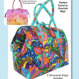 May include: A colorful, floral patterned tote bag with turquoise handles. The bag is 17 inches wide, 8 inches deep, and 14 inches tall. The bag is perfect for travel or overnight trips. The pattern is called "Carnivale Floral Black" and is by QT Fabrics. The bag includes two structural stays. The pattern is copyright 2020 and the pattern number is AT650.