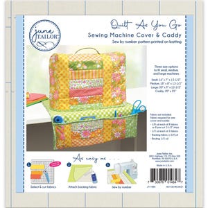 May include: A sewing machine cover and caddy set with a floral patchwork design. The set includes a cover and a caddy, both featuring a mix of yellow, green, and pink floral fabrics. The cover has a handle and the caddy has pockets.