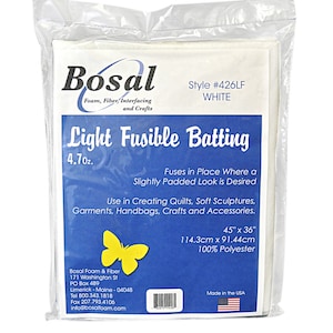 May include: A white package of Bosal Light Fusible Batting, 4.7 ounces, 45 inches by 36 inches, 114.3 centimeters by 91.44 centimeters, 100% polyester, made in the USA.