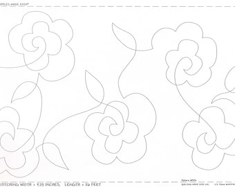 Könnte beinhalten: Eine Schwarzweiß-Zeichnung von vier stilisierten Rosen mit Blättern und Stielen. Der Text "STITCHING WIDTH 9.25 INCHES, LENGTH 26 FEET" befindet sich am unteren Rand des Bildes.