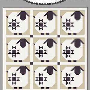 May include: A quilt pattern featuring a grid of sheep with star-shaped designs. The sheep have black heads and are set against a neutral background. The text "Coriander Quilts" and "#188 Wooly Stars" are visible.