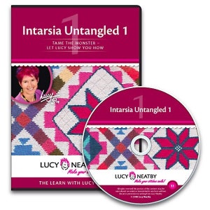 May include: A DVD titled "Intarsia Untangled 1: Tame the Monster - Let Lucy Show You How" featuring a colorful knitted design and a portrait of Lucy Neatby. The DVD cover also includes the text "The Learn with Lucy" and "Make your knitting neat!"