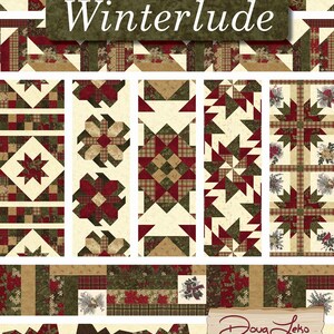May include: A collection of quilt patterns featuring a winter theme. The patterns include stars, snowflakes, and plaid designs in shades of red, green, and brown. The title "Winterlude" is displayed at the top of the image. The image also includes the text "Doug Leko Antler Quilt Design".