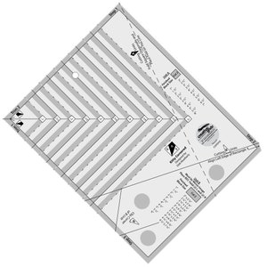 May include: A quilting ruler with a gray background and black lines. The ruler is labeled "Kitty Cornered" and includes instructions for cutting units and aligning edges. The ruler is designed for quilting projects.