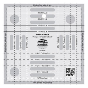 May include: A black and white diagram for a quilting pattern called "Turbo 4-Patch" designed by Deb Heatherly. The diagram includes measurements in inches and a QR code.