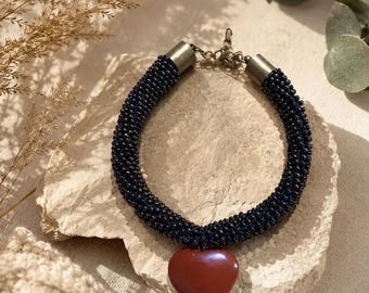 Crochet handmade TOHO Beaded Bracelet | Carnelian Heart Charm, Adjustable Artisan Jewelry