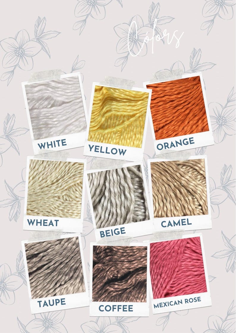 May include: A collection of yarn samples in various colors, including white, yellow, orange, wheat, beige, camel, taupe, coffee, and Mexican rose. The yarn is displayed in individual frames with the color name written below each sample.
