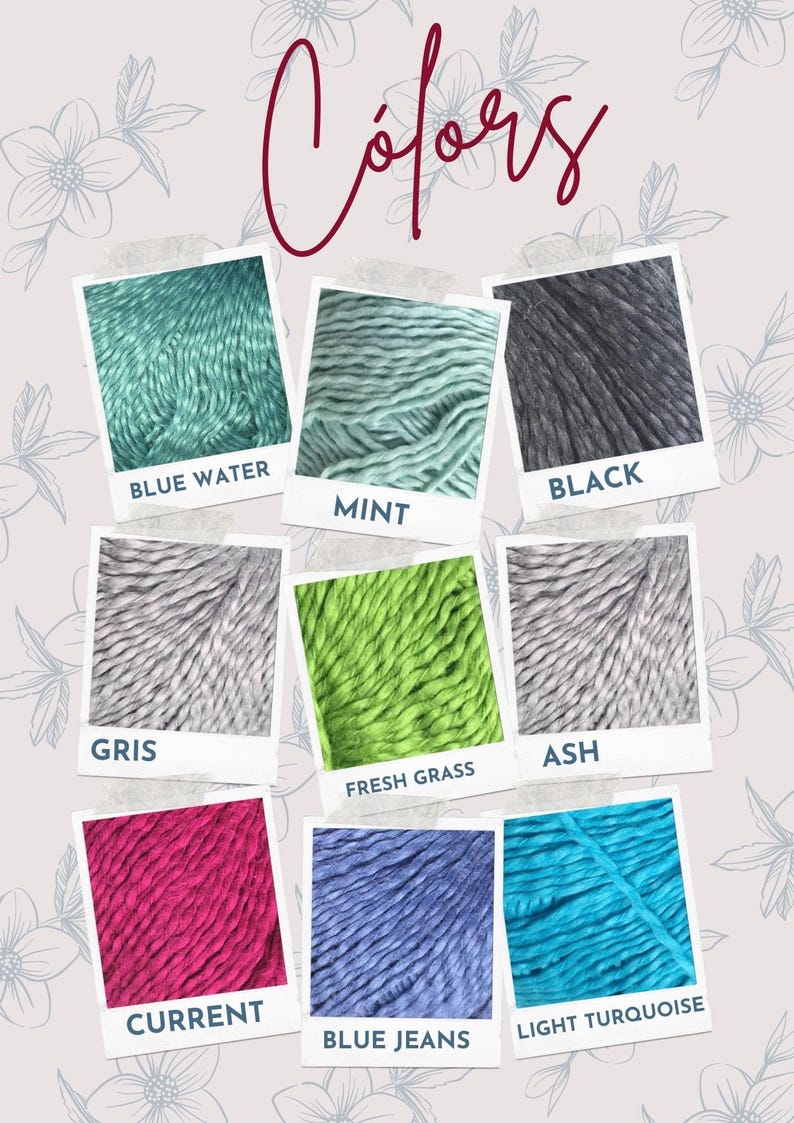 May include: A color chart with yarn samples in various colors, including blue water, mint, black, gris, fresh grass, ash, current, blue jeans, and light turquoise. The chart is labeled "Colors".