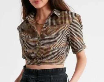 Camicia crop top button-down Urban Outfitters look anni '70