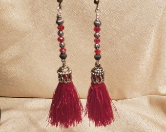 Beaded Red Tasseled Earrings