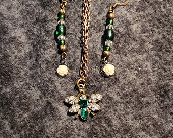Green Jeweled Bee Necklace and Earrings
