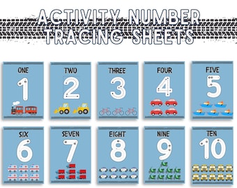 Hojas para rastrear números de vehículos del 1 al 10, imprimibles para preescolar (descarga digital)