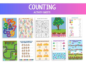 Hojas de trabajo de conteo de números / Matemáticas preescolares, aprendizaje divertido (descarga digital)