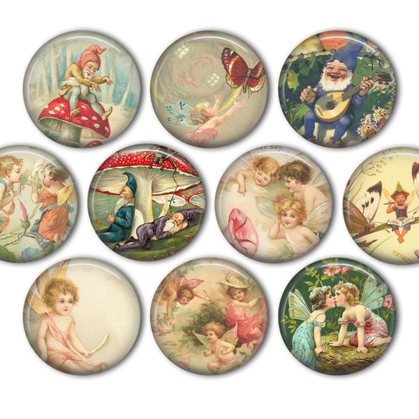 Vintage Fairy Pin Back Buttons, Backpack Pins, Jacket Buttons, Flat Back Button, Woodland Creature Decor, Mushroom, Fairytale