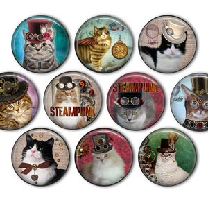 Steampunk Cat Pin Back Buttons, Backpack Pins, Jacket Buttons, Flat Back Buttons, Party Favors, Steampunk Decor, Steampunk Fashion, Cat Gift