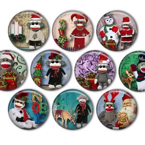 May include: Set of 10 Christmas themed round ornaments featuring sock monkey characters in various holiday scenes. The ornaments feature a variety of colors, including red, green, blue, white, and brown. The ornaments are perfect for adding a festive touch to any Christmas tree or home decor.