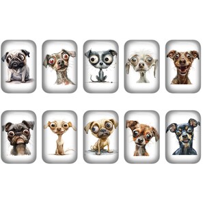 May include: A set of ten rectangular stickers featuring watercolor illustrations of various dog breeds. Each sticker showcases a different dog with exaggerated features, including pugs, chihuahuas, and other small breeds, in a cartoon style.