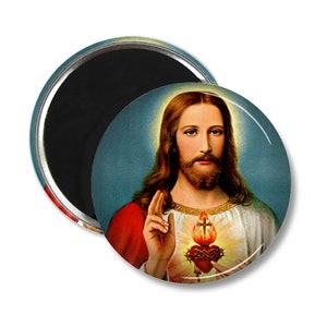 May include: A vintage-style image of Jesus Christ with a red, white, and gold heart with a cross and flames. The background is a blue and white sky.