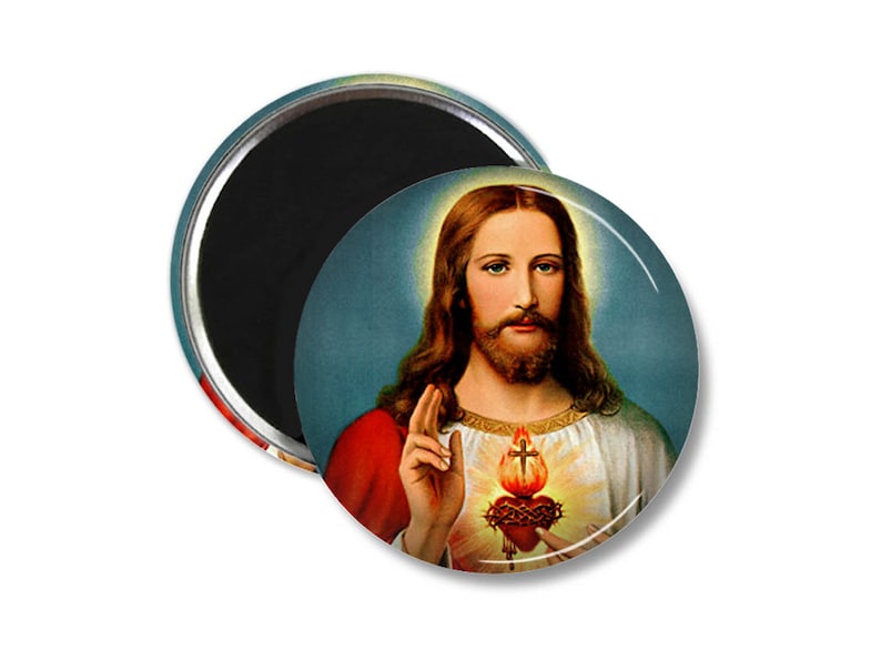 May include: A vintage-style image of Jesus Christ with a red, white, and gold heart with a cross and flames. The background is a blue and white sky.