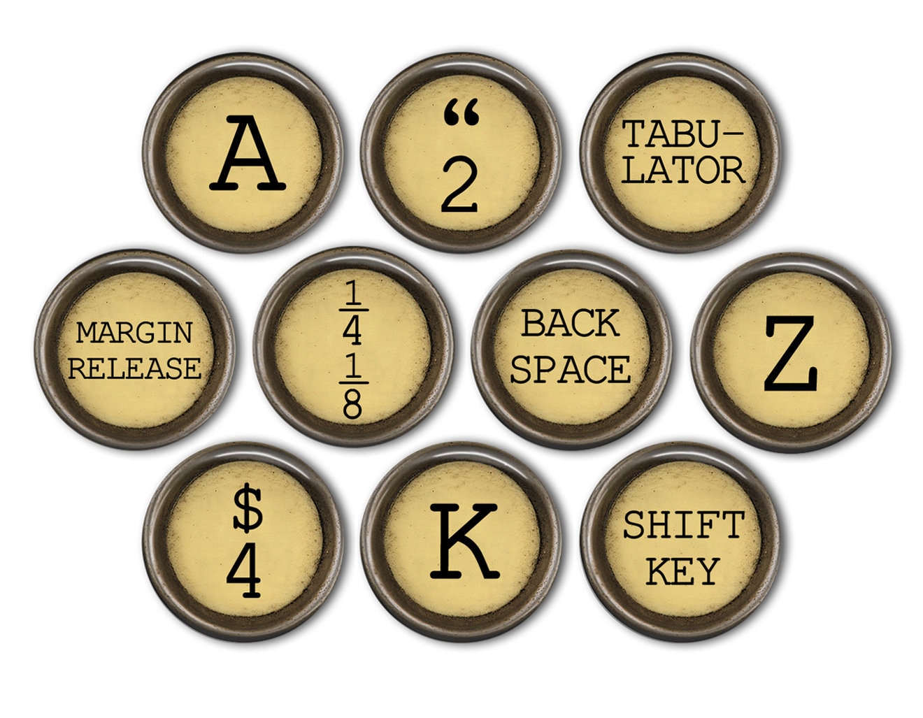 Vintage Typewriter Keys Pin Back Buttons, Backpack Pins, Jacket Buttons, Flat Back Button, Steampunk Decor, Steampunk Style, Vintage Decor