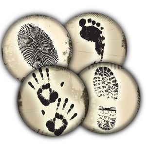 May include: Four round, beige-colored buttons with black outlines. Each button features a different black silhouette: a fingerprint, a footprint, a handprint, and a shoe print.