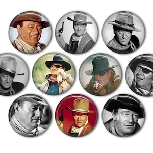 May include: Set of ten round button pins featuring black and white images of a man wearing a cowboy hat. The man is looking directly at the viewer. The buttons are arranged in a circle.