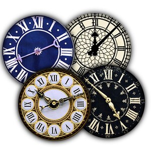 May include: Four vintage-style clock faces with Roman numeral markings. The clocks have different colored backgrounds: blue, white, black, and gold. The hands of the clocks are black and gold.