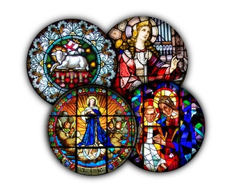 Stained Glass Church Windows Coaster Set, Tableware, Barware, Cork Backed Coasters, Christian Themed Decor, Religious Gift