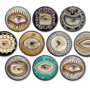 Bejeweled Eyes Pin Back Buttons, Backpack Pins, Jacket Buttons, Flat Back Buttons, Party Favors, Steampunk Fashion, Eyeball Decor