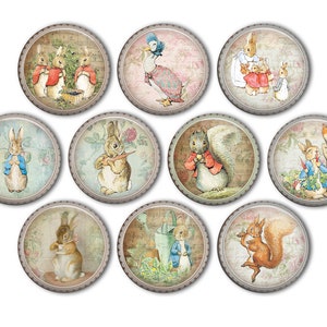 May include: Ten round, decorative, vintage-style, paper coasters featuring illustrations of Peter Rabbit and other Beatrix Potter characters. The coasters feature a variety of scenes, including Peter Rabbit with a carrot, Peter Rabbit with a watering can, Peter Rabbit with a rake, Peter Rabbit with a basket of flowers, Peter Rabbit with a squirrel, Peter Rabbit with a duck, Peter Rabbit with a bird, Peter Rabbit with a rabbit family, and Peter Rabbit with a rabbit.