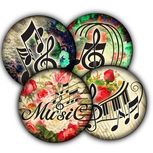 May include: Four round, decorative paper coasters with a vintage aesthetic. Each coaster features a different design with musical notes, a treble clef, and a piano keyboard. The coasters have a floral background with pink roses and green leaves.