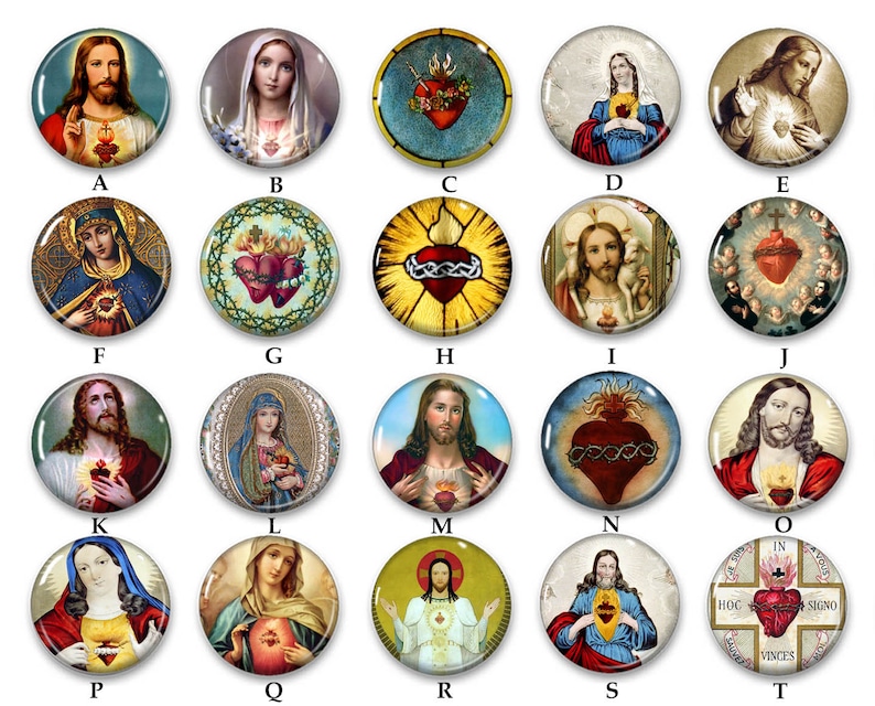 May include: A collection of 15 round, colorful, religious-themed buttons with images of Jesus, Mary, and the Sacred Heart. The buttons are arranged in a grid with letters A through T labeling each button.