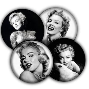 May include: Four black and white photos of Marilyn Monroe in different poses. Each photo is in a circular frame.