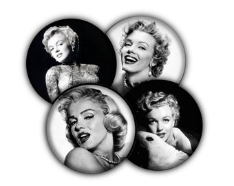 May include: Four black and white photos of Marilyn Monroe in different poses. Each photo is in a circular frame.