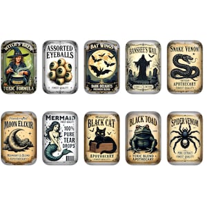 May include: A collection of ten rectangular, vintage-style labels with spooky themes. The labels feature illustrations of a witch, eyeballs, bats, a banshee, a snake, a moon, a mermaid, a black cat, a toad, and a spider. Each label includes text.