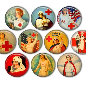 May include: Ten vintage red, white, and blue round buttons with images of nurses and the red cross. The buttons feature the text "Join now!" and "Join".