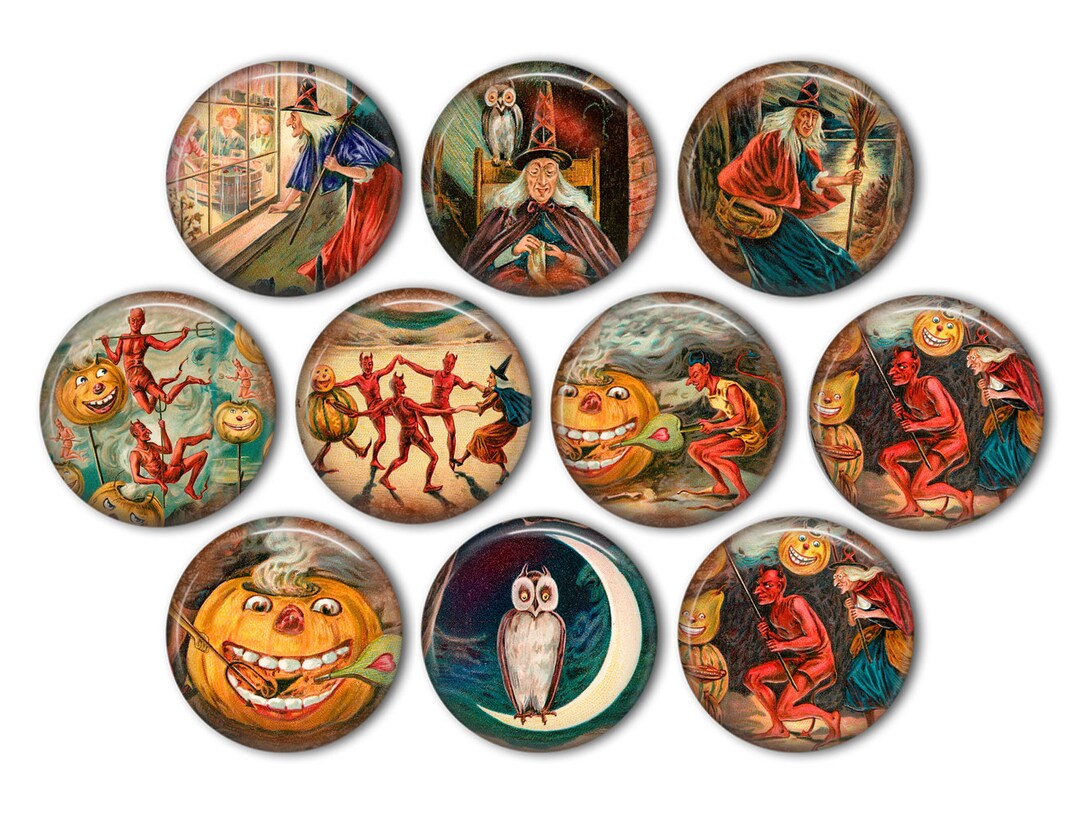 Vintage Halloween Witch & Devil Pin Back Buttons, Backpack Pins, Jacket ...