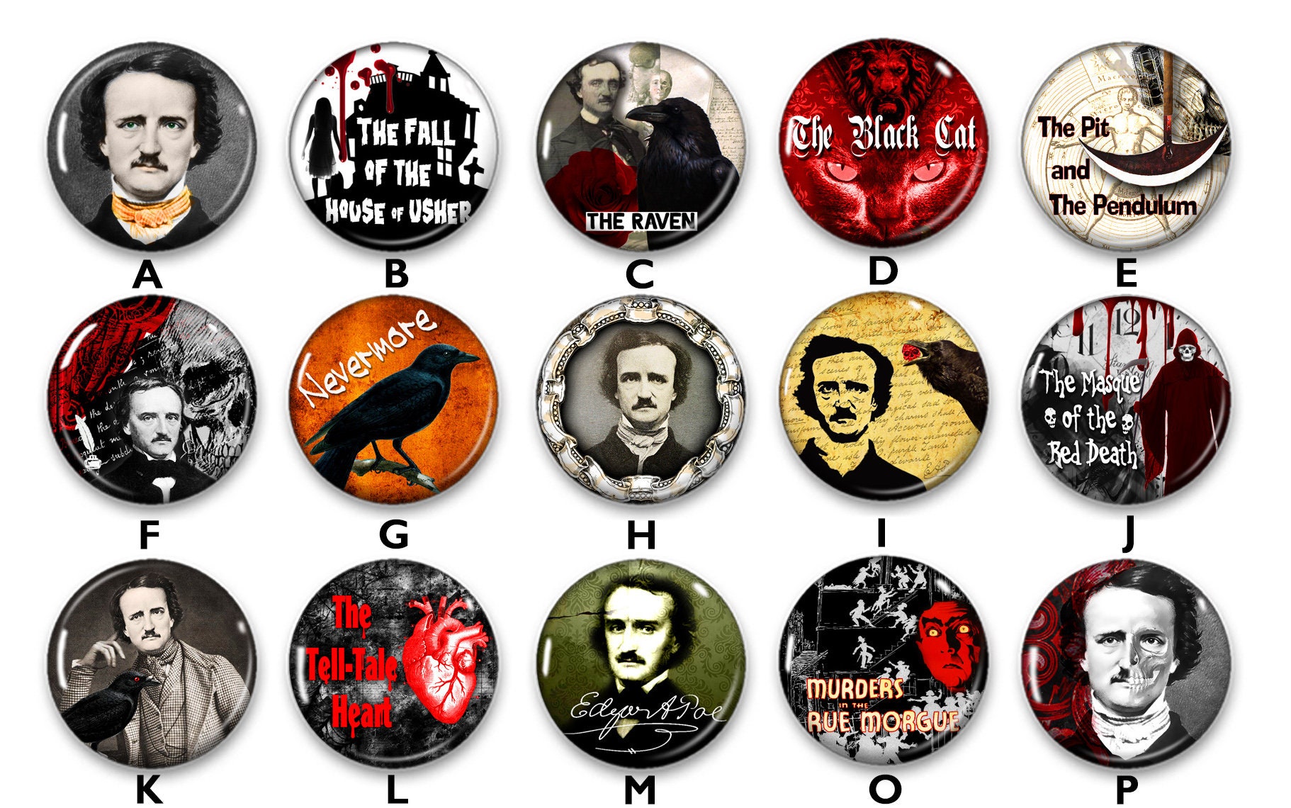 Edgar Allan Poe Pin Back Buttons, Backpack Pins, Jacket Buttons, Flat ...