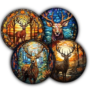 May include: Four round decorative coasters featuring deer in a stained glass style. Each coaster showcases a different deer scene with vibrant colors, including orange, blue, and brown, set against a forest backdrop.