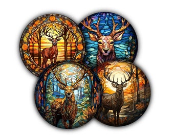 Stained Glass Deer Coaster Set, Tableware, Barware, Cork Backed Coasters, Beverage Holder, Hunting Decor Button Coaster